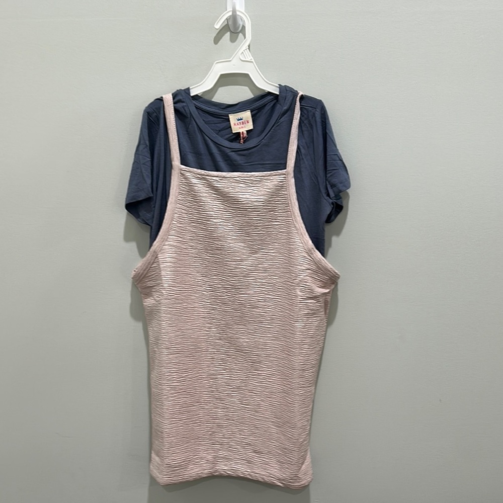 Pink Textured Sleeveless Dress with Blue T-Shirt
